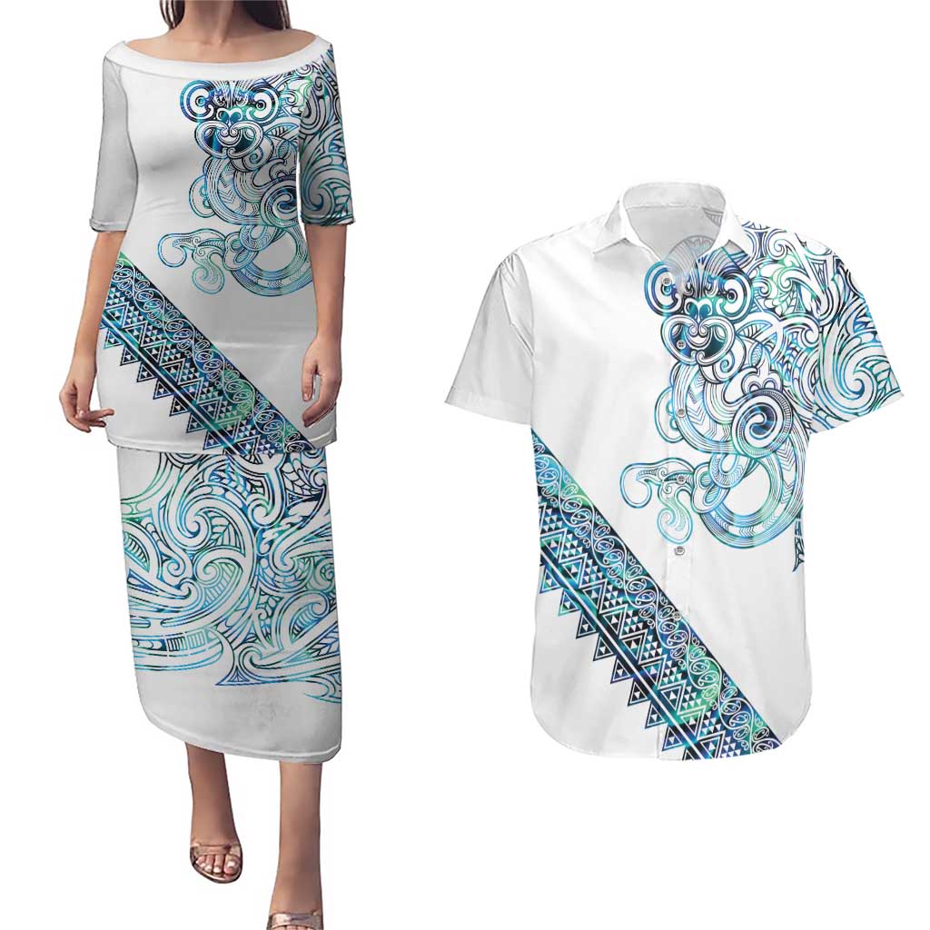 Kahui Whetu Paua shell Kowhaiwhai Taniko Personalised Couples Matching Puletasi and Hawaiian Shirt Taniwha Maori Tribal Style LT9 Blue - Polynesian Pride