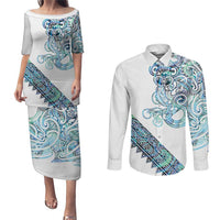 Kahui Whetu Paua shell Kowhaiwhai Taniko Personalised Couples Matching Puletasi and Long Sleeve Button Shirt Taniwha Maori Tribal Style LT9 Blue - Polynesian Pride