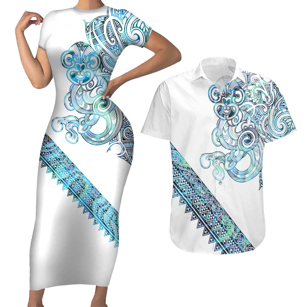 Kahui Whetu Paua shell Kowhaiwhai Taniko Personalised Couples Matching Short Sleeve Bodycon Dress and Hawaiian Shirt Taniwha Maori Tribal Style