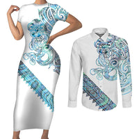 Kahui Whetu Paua shell Kowhaiwhai Taniko Personalised Couples Matching Short Sleeve Bodycon Dress and Long Sleeve Button Shirt Taniwha Maori Tribal Style LT9 Blue - Polynesian Pride
