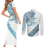 Kahui Whetu Paua shell Kowhaiwhai Taniko Personalised Couples Matching Short Sleeve Bodycon Dress and Long Sleeve Button Shirt Taniwha Maori Tribal Style LT9 - Polynesian Pride