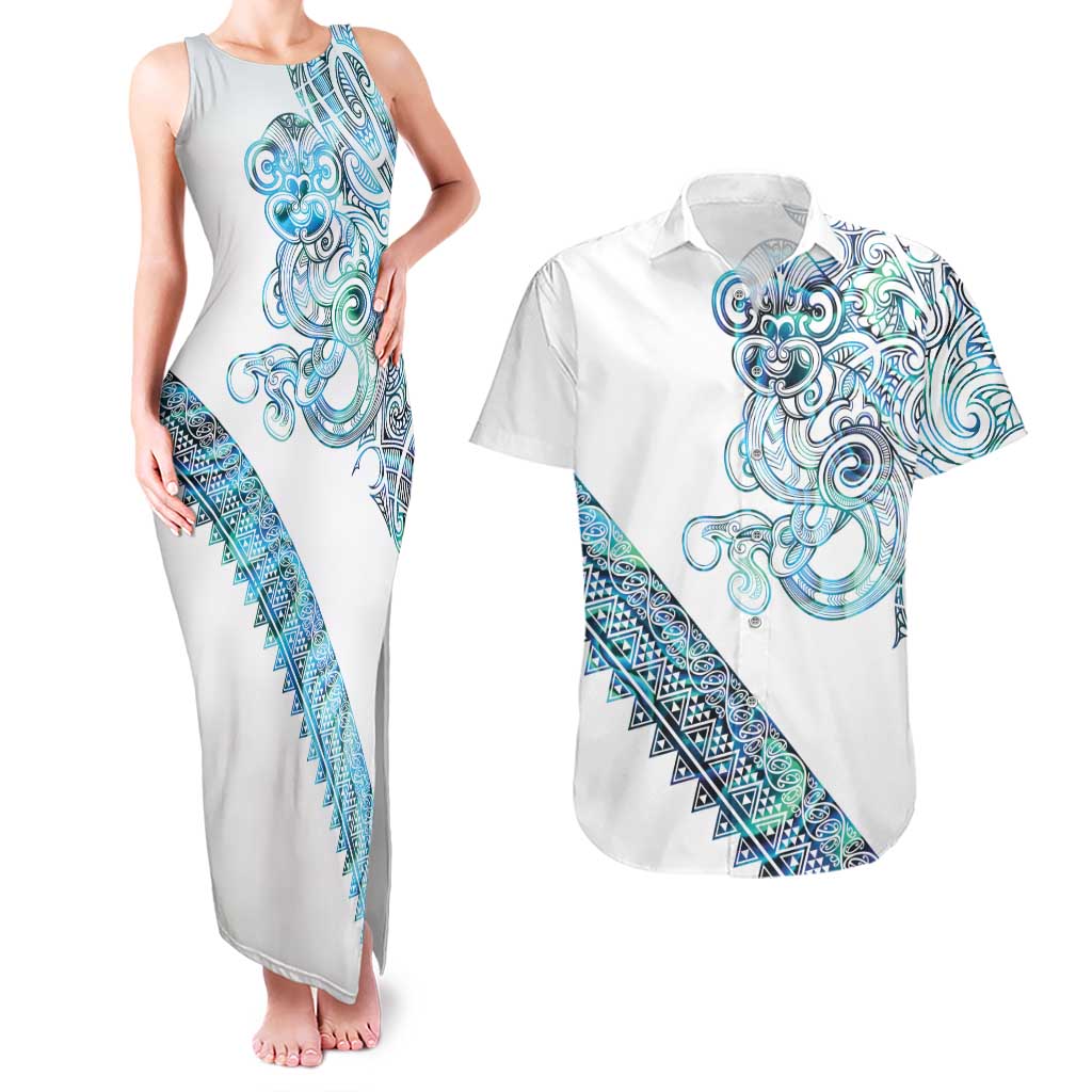 Kahui Whetu Paua shell Kowhaiwhai Taniko Personalised Couples Matching Tank Maxi Dress and Hawaiian Shirt Taniwha Maori Tribal Style LT9 Blue - Polynesian Pride