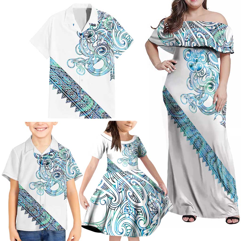 Kahui Whetu Paua shell Kowhaiwhai Taniko Personalised Family Matching Off Shoulder Maxi Dress and Hawaiian Shirt Taniwha Maori Tribal Style LT9 - Polynesian Pride