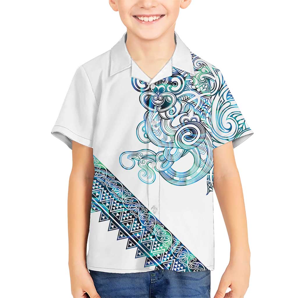 Kahui Whetu Paua shell Kowhaiwhai Taniko Personalised Family Matching Off Shoulder Maxi Dress and Hawaiian Shirt Taniwha Maori Tribal Style LT9 Son's Shirt Blue - Polynesian Pride