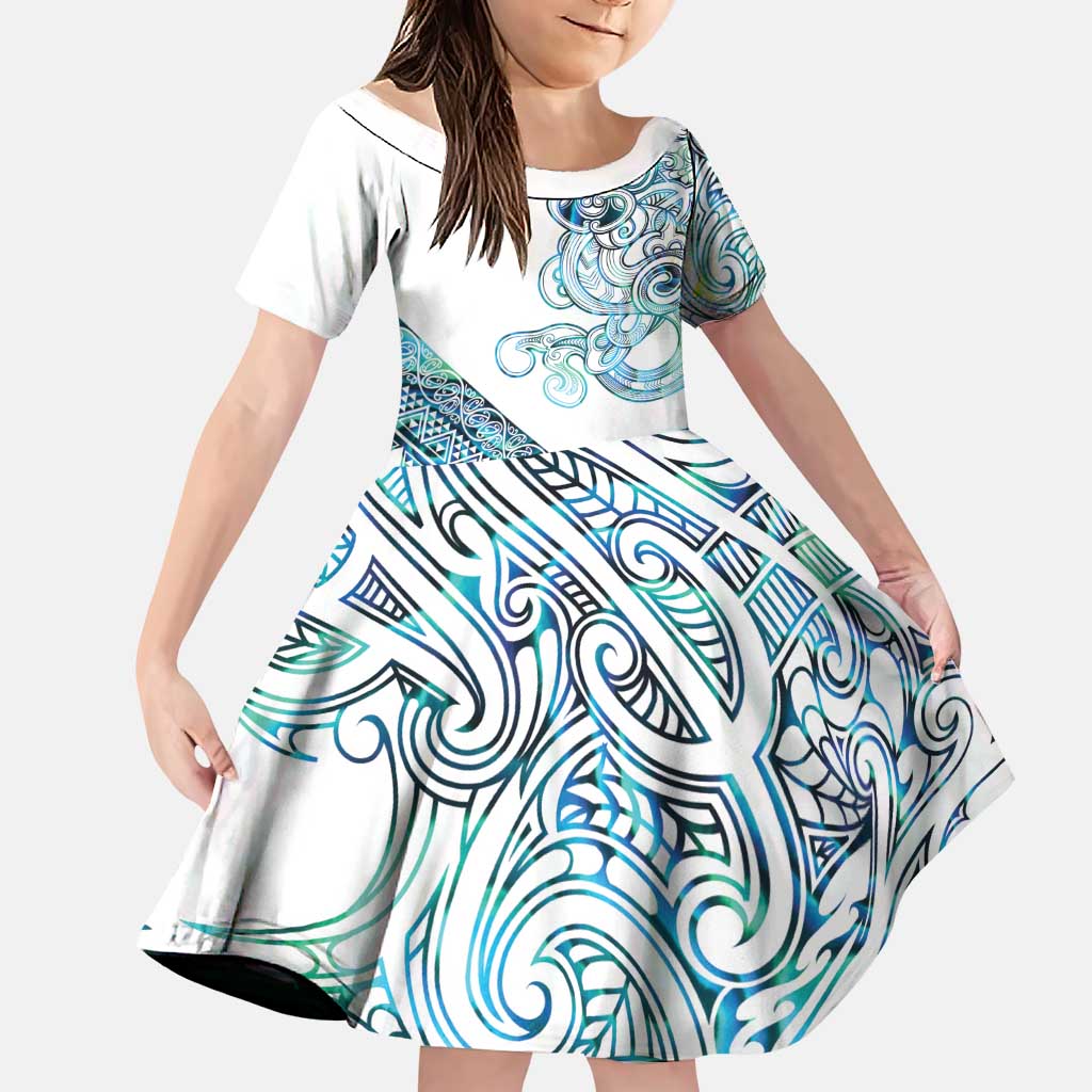 Kahui Whetu Paua shell Kowhaiwhai Taniko Personalised Family Matching Puletasi and Hawaiian Shirt Taniwha Maori Tribal Style LT9 Daughter's Dress Blue - Polynesian Pride