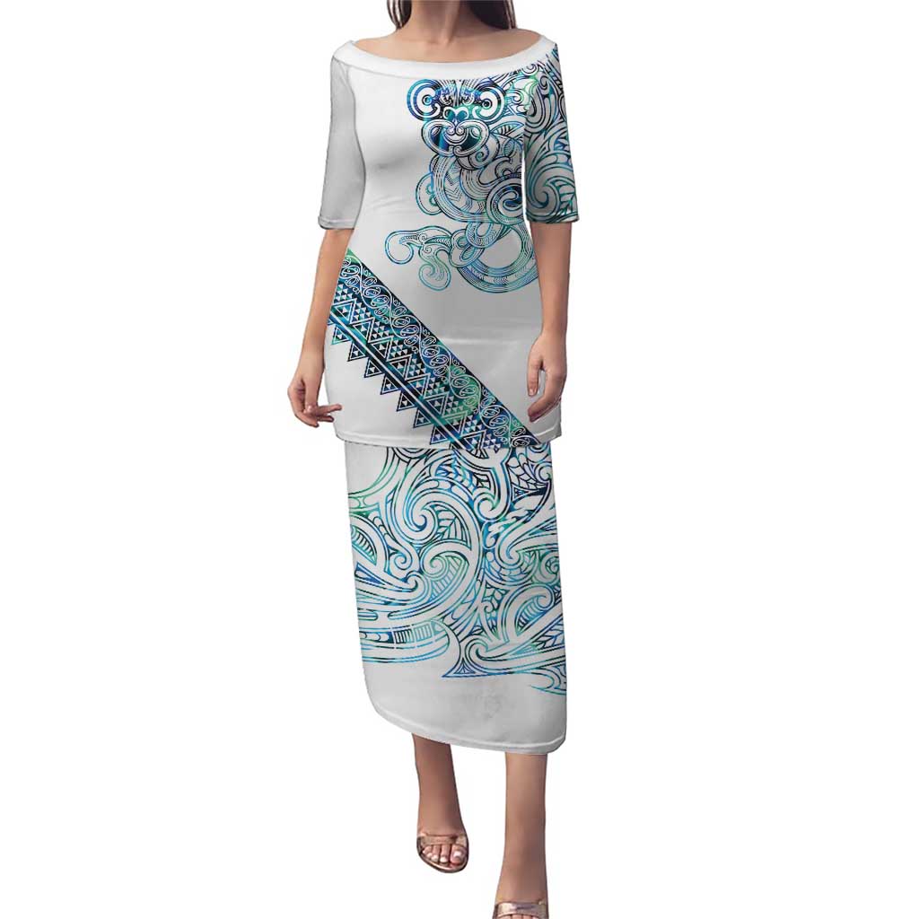Kahui Whetu Paua shell Kowhaiwhai Taniko Personalised Family Matching Puletasi and Hawaiian Shirt Taniwha Maori Tribal Style LT9 Mom's Dress Blue - Polynesian Pride