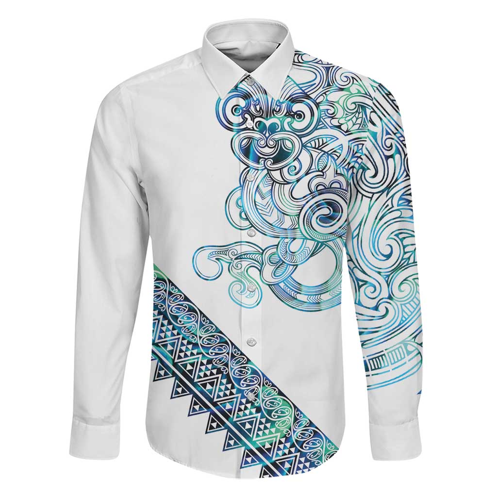 Kahui Whetu Paua shell Kowhaiwhai Taniko Personalised Family Matching Short Sleeve Bodycon Dress and Hawaiian Shirt Taniwha Maori Tribal Style LT9 Dad's Shirt - Long Sleeve Blue - Polynesian Pride