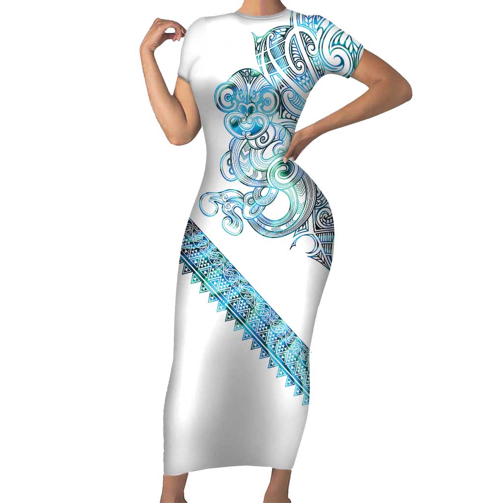 Kahui Whetu Paua shell Kowhaiwhai Taniko Personalised Family Matching Short Sleeve Bodycon Dress and Hawaiian Shirt Taniwha Maori Tribal Style LT9 Mom's Dress Blue - Polynesian Pride