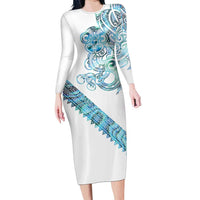 Kahui Whetu Paua shell Kowhaiwhai Taniko Personalised Long Sleeve Bodycon Dress Taniwha Maori Tribal Style LT9 Long Dress Blue - Polynesian Pride