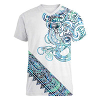 Kahui Whetu Paua shell Kowhaiwhai Taniko Personalised Women V-Neck T-Shirt Taniwha Maori Tribal Style LT9 Female Blue - Polynesian Pride