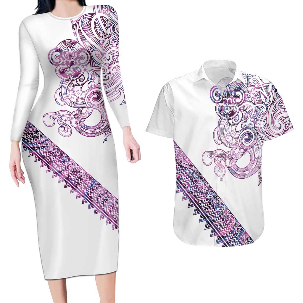 Mawhero Paua shell Kowhaiwhai Taniko Personalised Couples Matching Long Sleeve Bodycon Dress and Hawaiian Shirt Taniwha Maori Tribal Style LT9 Pink - Polynesian Pride
