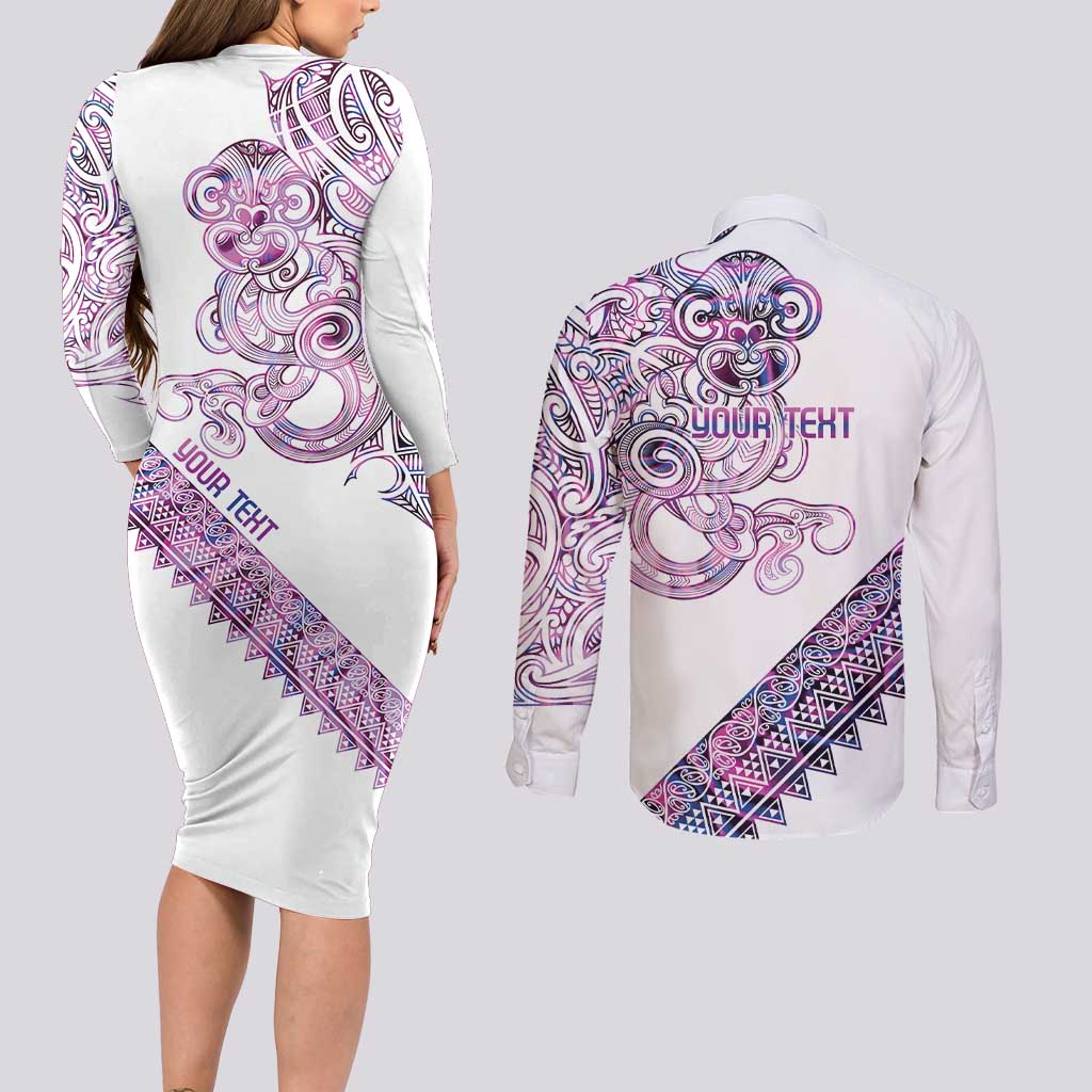 Mawhero Paua shell Kowhaiwhai Taniko Personalised Couples Matching Long Sleeve Bodycon Dress and Long Sleeve Button Shirt Taniwha Maori Tribal Style LT9 - Polynesian Pride