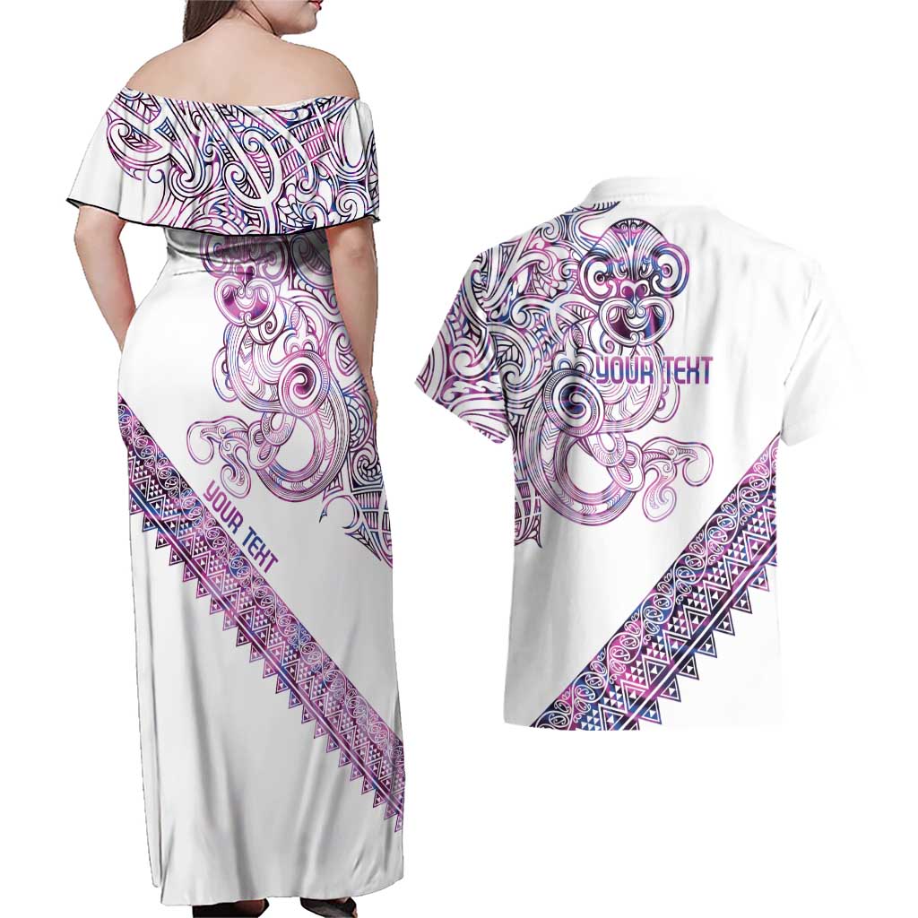 Mawhero Paua shell Kowhaiwhai Taniko Personalised Couples Matching Off Shoulder Maxi Dress and Hawaiian Shirt Taniwha Maori Tribal Style LT9 - Polynesian Pride