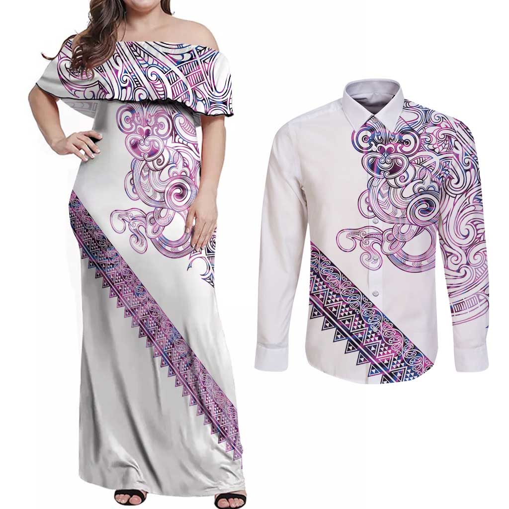 Mawhero Paua shell Kowhaiwhai Taniko Personalised Couples Matching Off Shoulder Maxi Dress and Long Sleeve Button Shirt Taniwha Maori Tribal Style LT9 Pink - Polynesian Pride