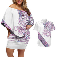 Mawhero Paua shell Kowhaiwhai Taniko Personalised Couples Matching Off Shoulder Short Dress and Hawaiian Shirt Taniwha Maori Tribal Style LT9 Pink - Polynesian Pride