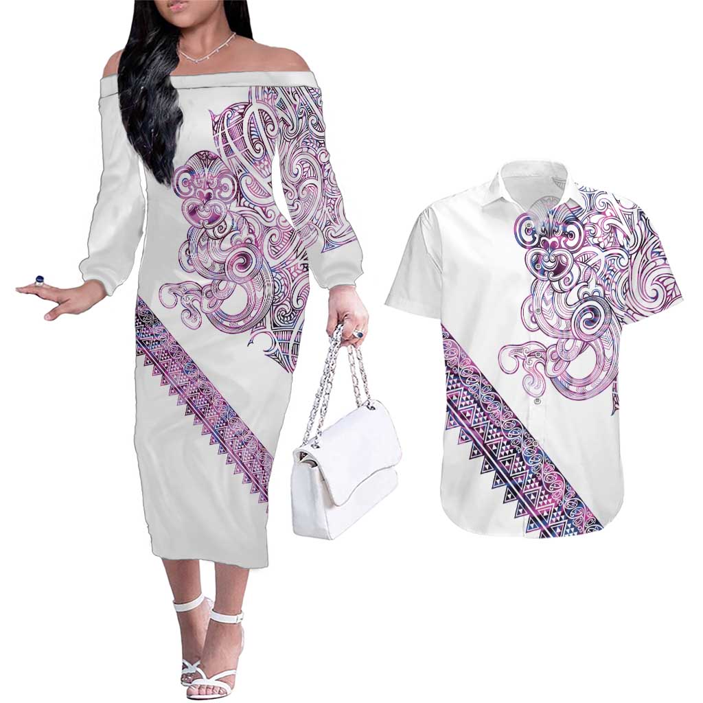 Mawhero Paua shell Kowhaiwhai Taniko Personalised Couples Matching Off The Shoulder Long Sleeve Dress and Hawaiian Shirt Taniwha Maori Tribal Style LT9 Pink - Polynesian Pride