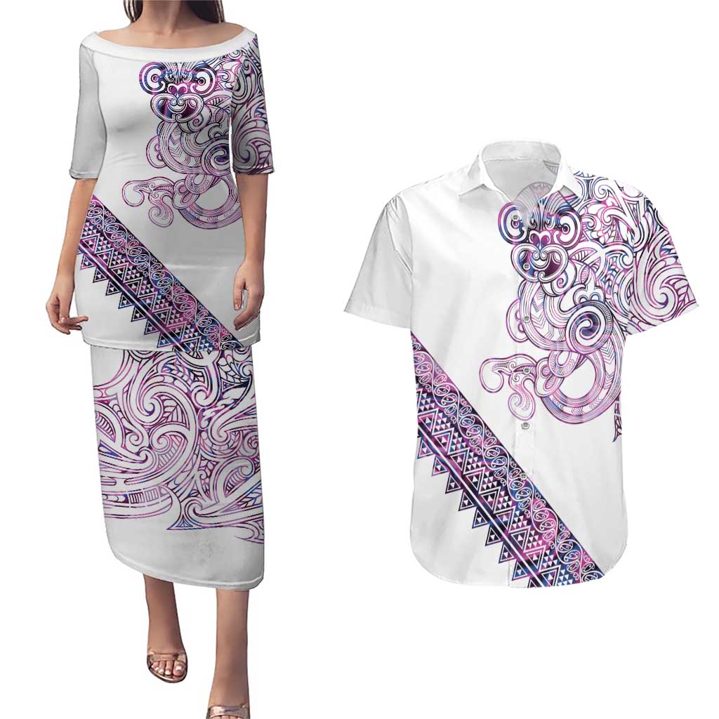 Mawhero Paua shell Kowhaiwhai Taniko Personalised Couples Matching Puletasi and Hawaiian Shirt Taniwha Maori Tribal Style