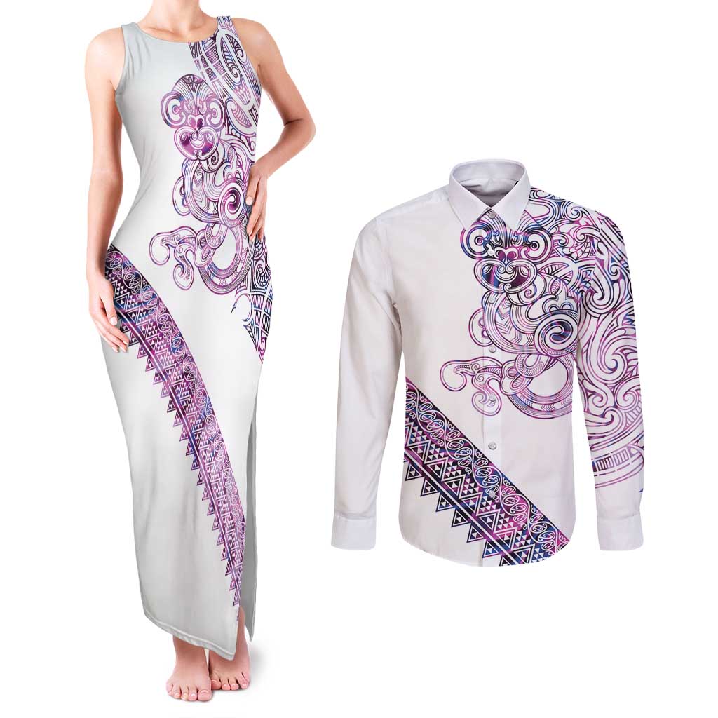 Mawhero Paua shell Kowhaiwhai Taniko Personalised Couples Matching Tank Maxi Dress and Long Sleeve Button Shirt Taniwha Maori Tribal Style LT9 Pink - Polynesian Pride