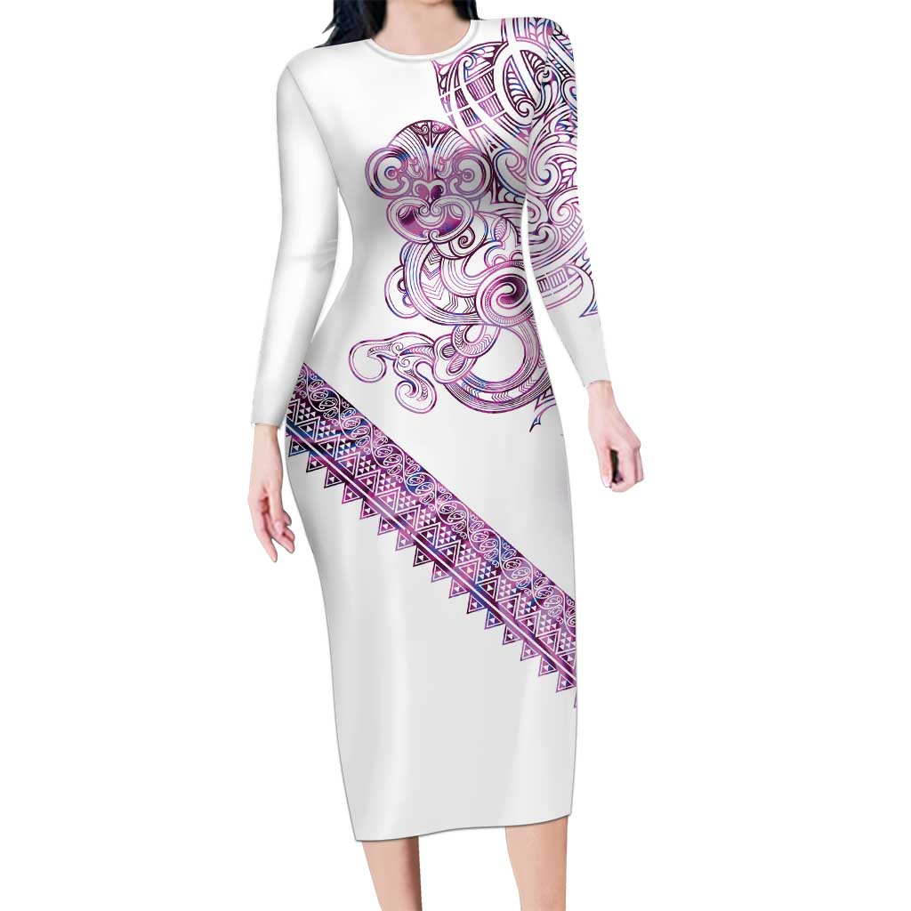 Mawhero Paua shell Kowhaiwhai Taniko Personalised Family Matching Long Sleeve Bodycon Dress and Hawaiian Shirt Taniwha Maori Tribal Style LT9 Mom's Dress Pink - Polynesian Pride