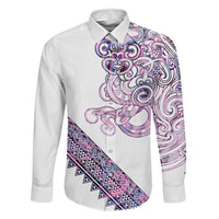 Mawhero Paua shell Kowhaiwhai Taniko Personalised Family Matching Summer Maxi Dress and Hawaiian Shirt Taniwha Maori Tribal Style LT9 Dad's Shirt - Long Sleeve Pink - Polynesian Pride