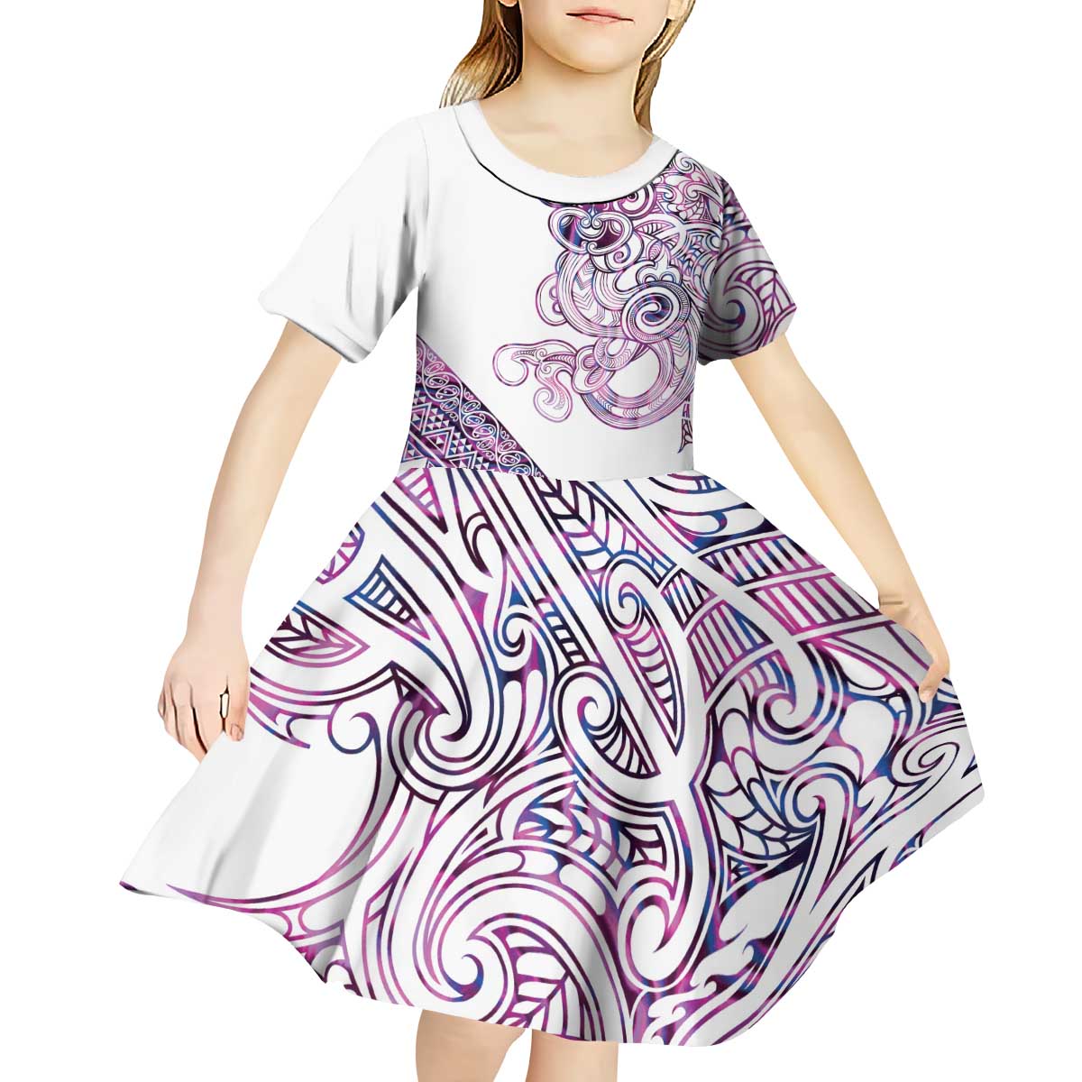 Mawhero Paua shell Kowhaiwhai Taniko Personalised Kid Short Sleeve Dress Taniwha Maori Tribal Style LT9 - Polynesian Pride