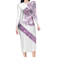 Mawhero Paua shell Kowhaiwhai Taniko Personalised Long Sleeve Bodycon Dress Taniwha Maori Tribal Style LT9 Long Dress Pink - Polynesian Pride