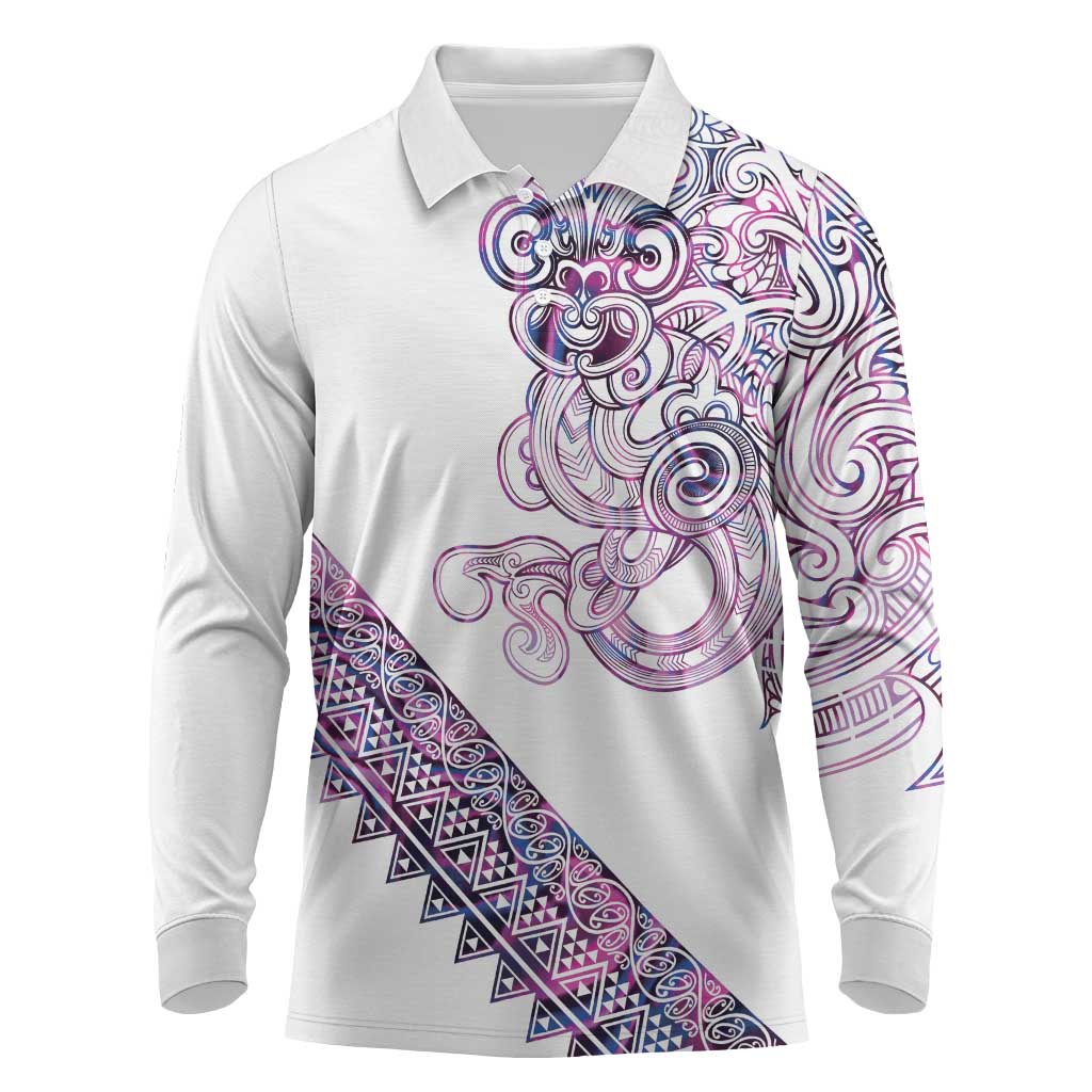 Mawhero Paua shell Kowhaiwhai Taniko Personalised Long Sleeve Polo Shirt Taniwha Maori Tribal Style LT9 Pink - Polynesian Pride