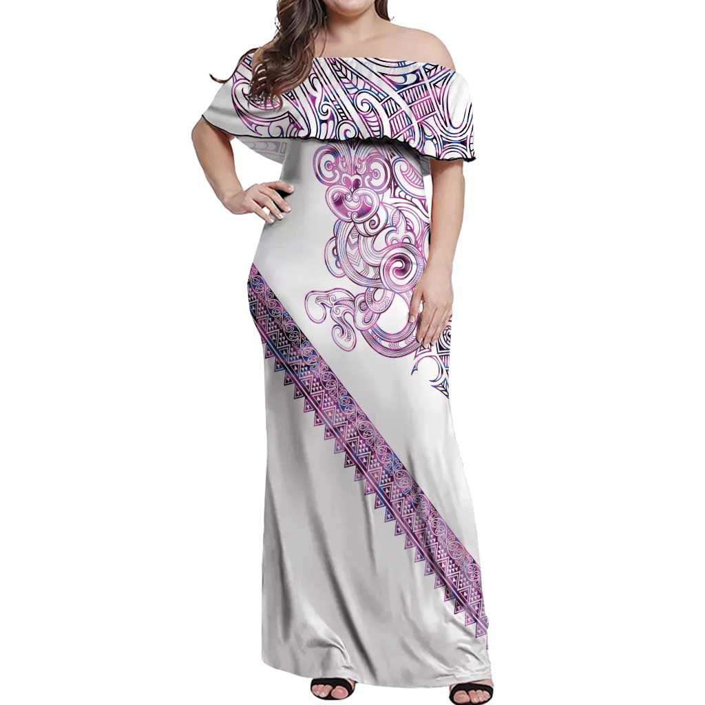 Mawhero Paua shell Kowhaiwhai Taniko Personalised Off Shoulder Maxi Dress Taniwha Maori Tribal Style LT9 Women Pink - Polynesian Pride