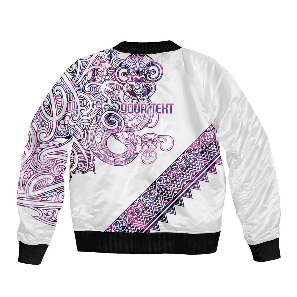 Mawhero Paua shell Kowhaiwhai Taniko Personalised Sleeve Zip Bomber Jacket Taniwha Maori Tribal Style