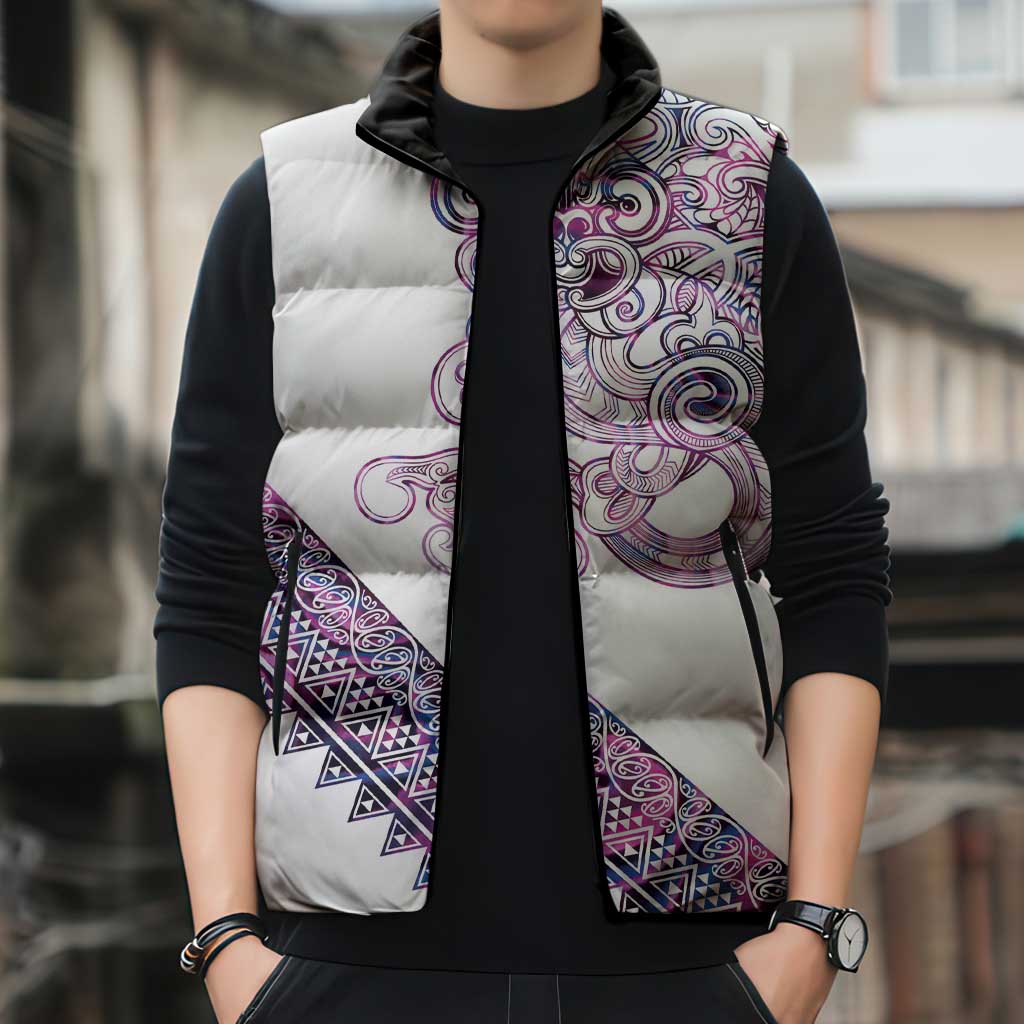 Mawhero Paua shell Kowhaiwhai Taniko Personalised Sleeveless Puffer Jacket Taniwha Maori Tribal Style