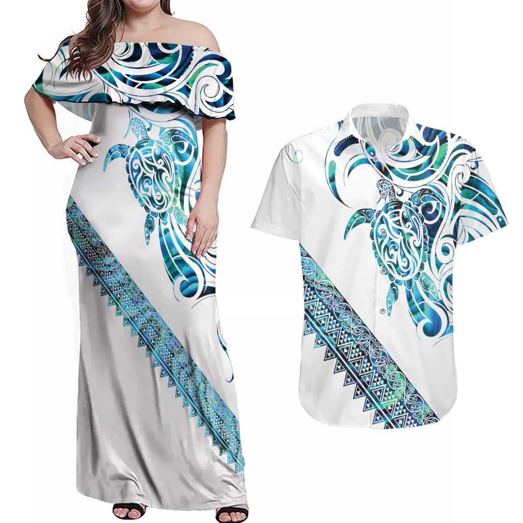 Kahui Whetu Paua shell Kowhaiwhai Taniko Personalised Couples Matching Off Shoulder Maxi Dress and Hawaiian Shirt Turtle Tattoo Maori Tribal Style LT9 Blue - Polynesian Pride