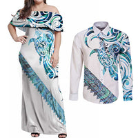 Kahui Whetu Paua shell Kowhaiwhai Taniko Personalised Couples Matching Off Shoulder Maxi Dress and Long Sleeve Button Shirt Turtle Tattoo Maori Tribal Style LT9 Blue - Polynesian Pride
