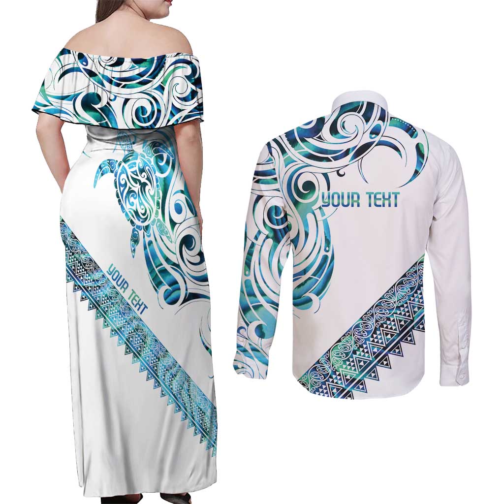 Kahui Whetu Paua shell Kowhaiwhai Taniko Personalised Couples Matching Off Shoulder Maxi Dress and Long Sleeve Button Shirt Turtle Tattoo Maori Tribal Style LT9 - Polynesian Pride
