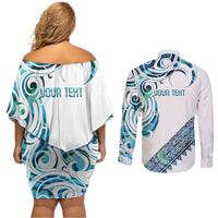 Kahui Whetu Paua shell Kowhaiwhai Taniko Personalised Couples Matching Off Shoulder Short Dress and Long Sleeve Button Shirt Turtle Tattoo Maori Tribal Style LT9 - Polynesian Pride