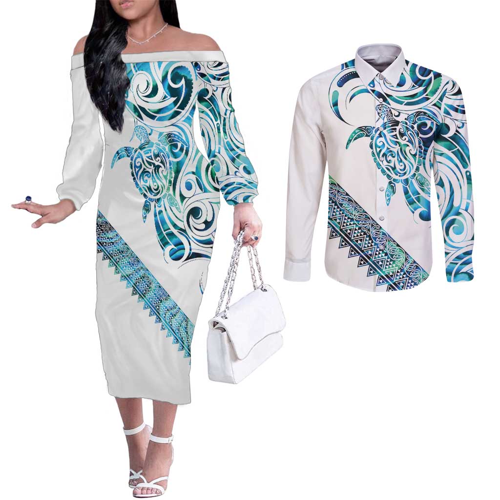 Kahui Whetu Paua shell Kowhaiwhai Taniko Personalised Couples Matching Off The Shoulder Long Sleeve Dress and Long Sleeve Button Shirt Turtle Tattoo Maori Tribal Style LT9 Blue - Polynesian Pride