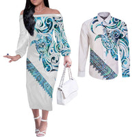 Kahui Whetu Paua shell Kowhaiwhai Taniko Personalised Couples Matching Off The Shoulder Long Sleeve Dress and Long Sleeve Button Shirt Turtle Tattoo Maori Tribal Style LT9 Blue - Polynesian Pride