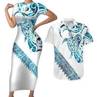 Kahui Whetu Paua shell Kowhaiwhai Taniko Personalised Couples Matching Short Sleeve Bodycon Dress and Hawaiian Shirt Turtle Tattoo Maori Tribal Style LT9 Blue - Polynesian Pride