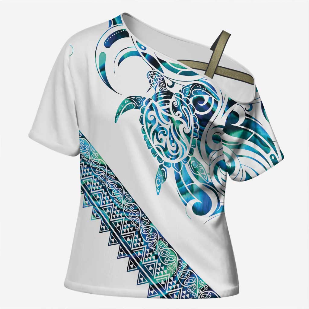 Kahui Whetu Paua shell Kowhaiwhai Taniko Personalised Cross Shoulder Shirt Turtle Tattoo Maori Tribal Style LT9 Female Blue - Polynesian Pride