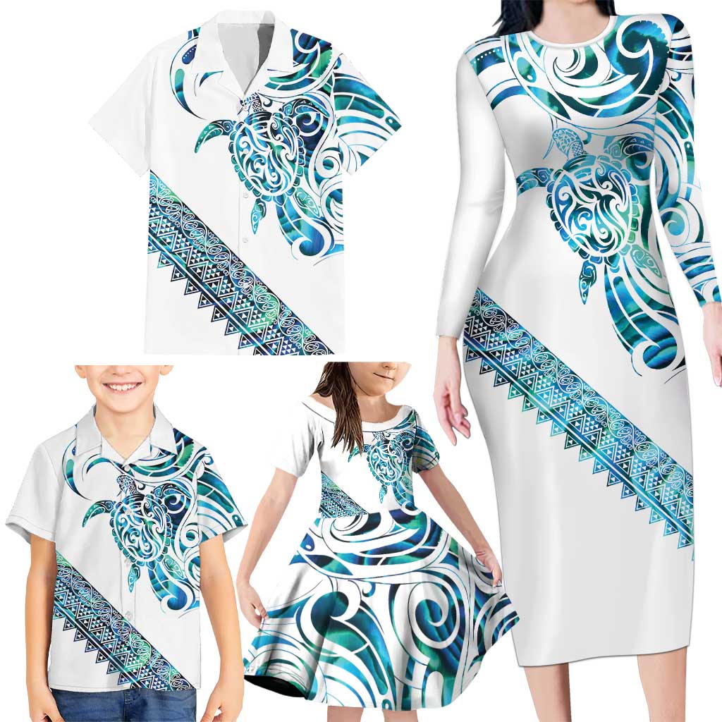Kahui Whetu Paua shell Kowhaiwhai Taniko Personalised Family Matching Long Sleeve Bodycon Dress and Hawaiian Shirt Turtle Tattoo Maori Tribal Style LT9 - Polynesian Pride