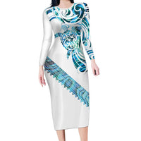 Kahui Whetu Paua shell Kowhaiwhai Taniko Personalised Family Matching Long Sleeve Bodycon Dress and Hawaiian Shirt Turtle Tattoo Maori Tribal Style LT9 Mom's Dress Blue - Polynesian Pride