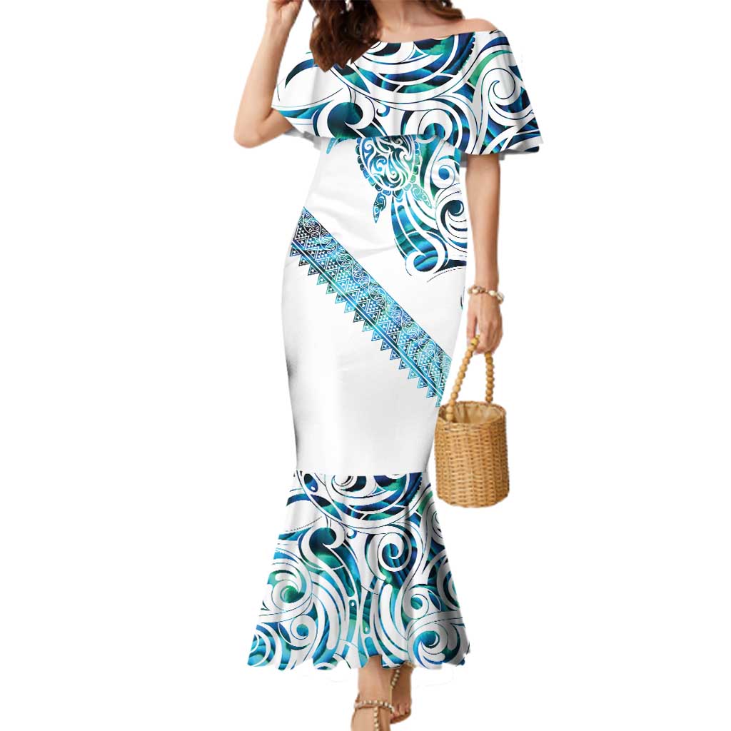 Kahui Whetu Paua shell Kowhaiwhai Taniko Personalised Family Matching Mermaid Dress and Hawaiian Shirt Turtle Tattoo Maori Tribal Style LT9 Mom's Dress Blue - Polynesian Pride