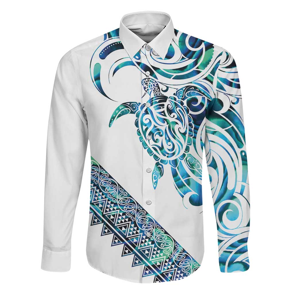 Kahui Whetu Paua shell Kowhaiwhai Taniko Personalised Family Matching Off The Shoulder Long Sleeve Dress and Hawaiian Shirt Turtle Tattoo Maori Tribal Style LT9 Dad's Shirt - Long Sleeve Blue - Polynesian Pride