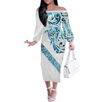 Kahui Whetu Paua shell Kowhaiwhai Taniko Personalised Family Matching Off The Shoulder Long Sleeve Dress and Hawaiian Shirt Turtle Tattoo Maori Tribal Style LT9 Mom's Dress Blue - Polynesian Pride