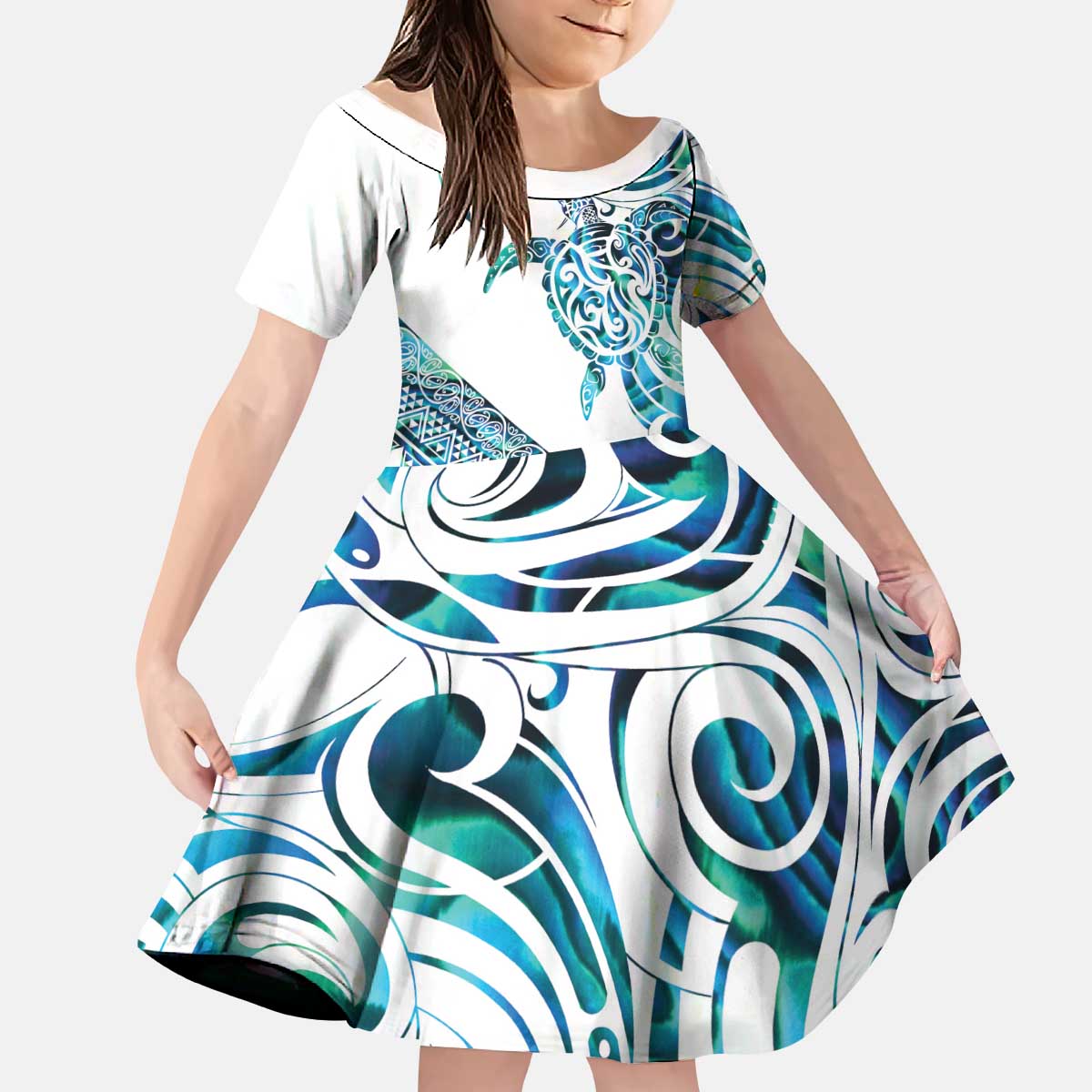 Kahui Whetu Paua shell Kowhaiwhai Taniko Personalised Kid Short Sleeve Dress Turtle Tattoo Maori Tribal Style