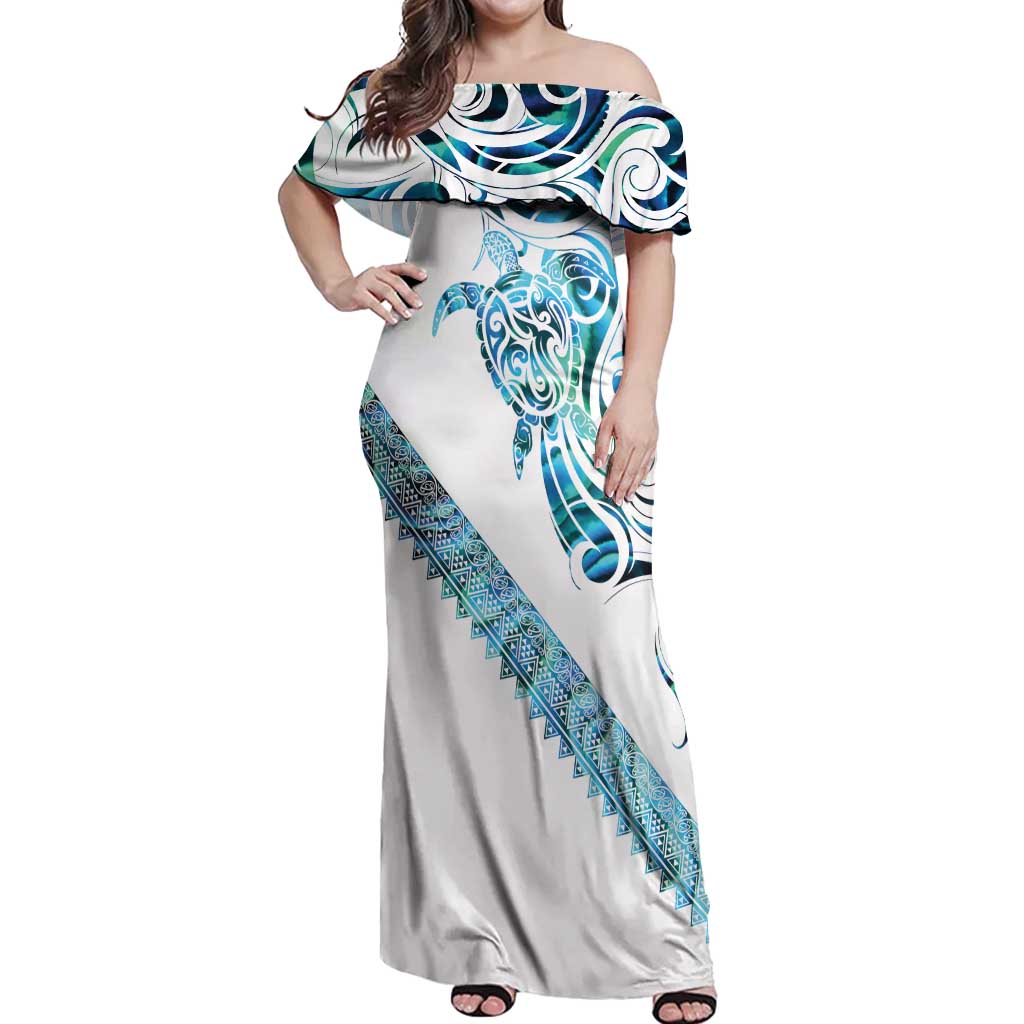 Kahui Whetu Paua shell Kowhaiwhai Taniko Personalised Off Shoulder Maxi Dress Turtle Tattoo Maori Tribal Style LT9 Women Blue - Polynesian Pride