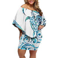 Kahui Whetu Paua shell Kowhaiwhai Taniko Personalised Off Shoulder Short Dress Turtle Tattoo Maori Tribal Style LT9 Women Blue - Polynesian Pride