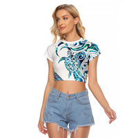 Kahui Whetu Paua shell Kowhaiwhai Taniko Personalised Raglan Cropped T Shirt Turtle Tattoo Maori Tribal Style LT9 Female Blue - Polynesian Pride