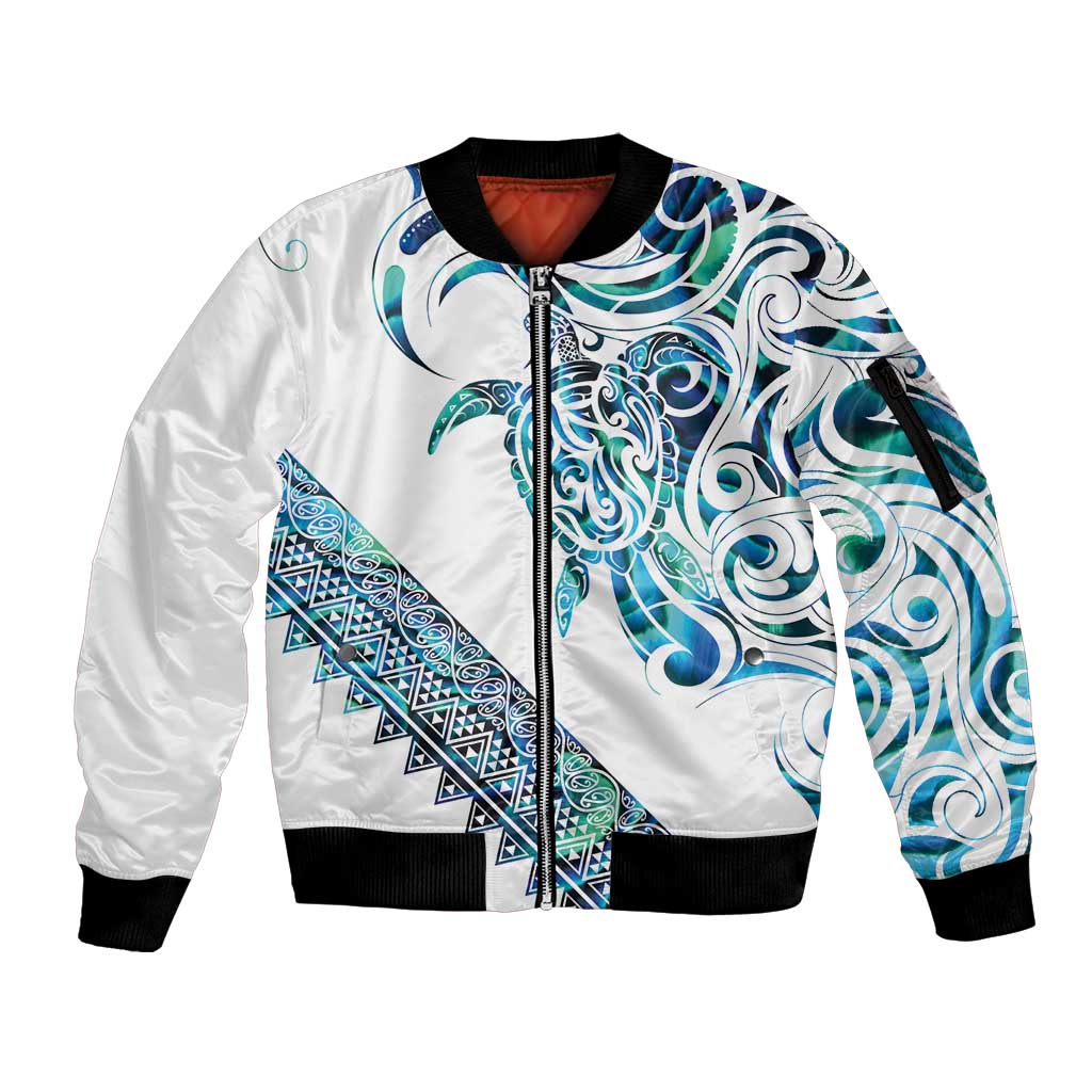 Kahui Whetu Paua shell Kowhaiwhai Taniko Personalised Sleeve Zip Bomber Jacket Turtle Tattoo Maori Tribal Style LT9 Unisex Blue - Polynesian Pride
