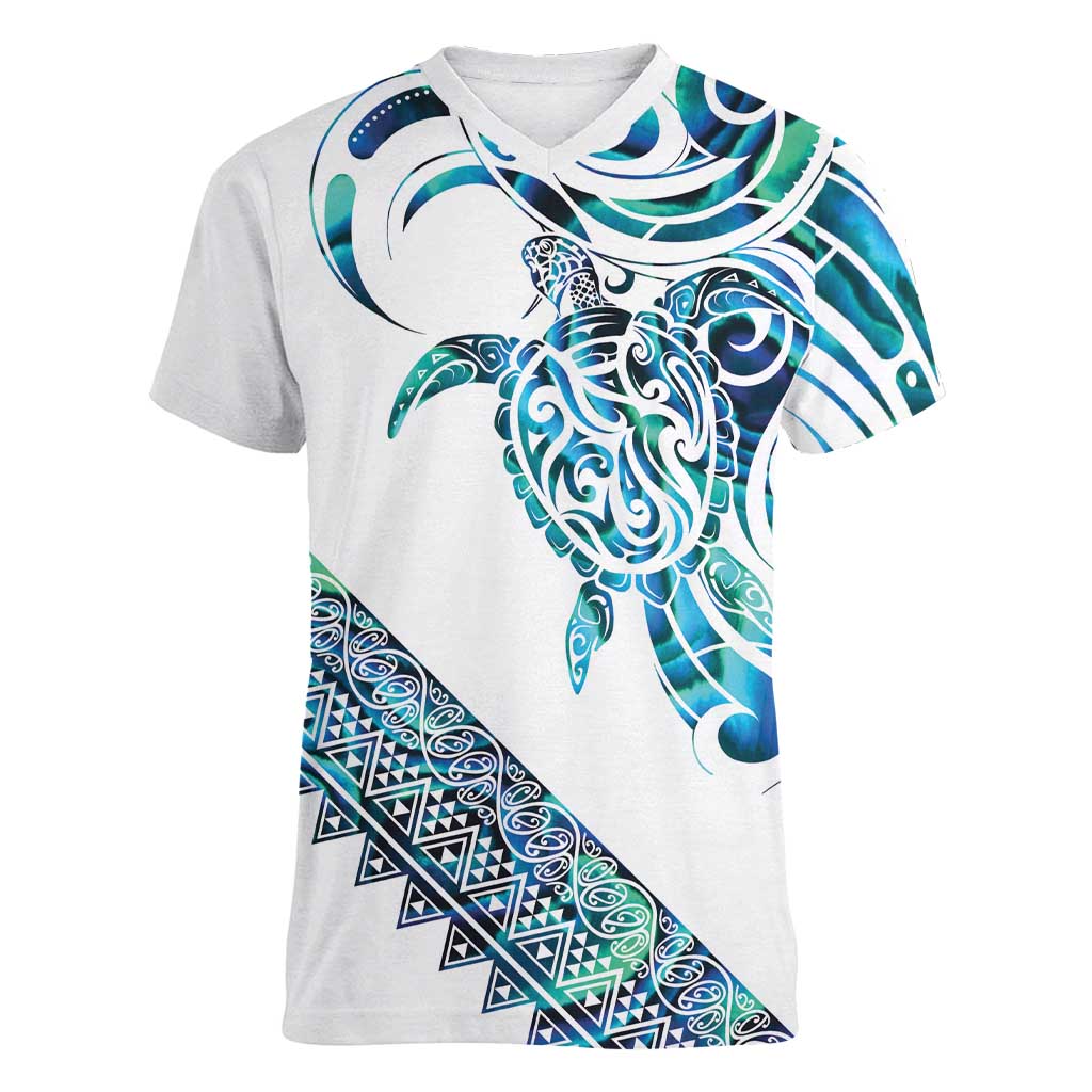 Kahui Whetu Paua shell Kowhaiwhai Taniko Personalised Women V-Neck T-Shirt Turtle Tattoo Maori Tribal Style