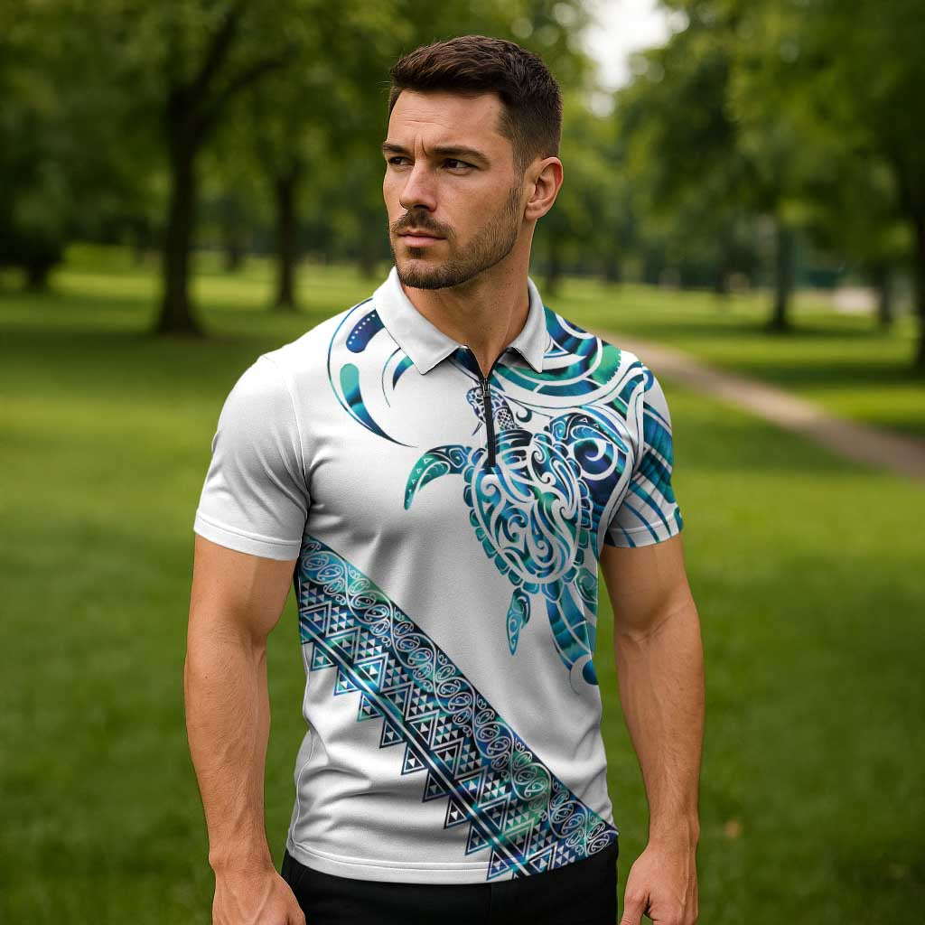 Kahui Whetu Paua shell Kowhaiwhai Taniko Personalised Zipper Polo Shirt Turtle Tattoo Maori Tribal Style LT9 - Polynesian Pride
